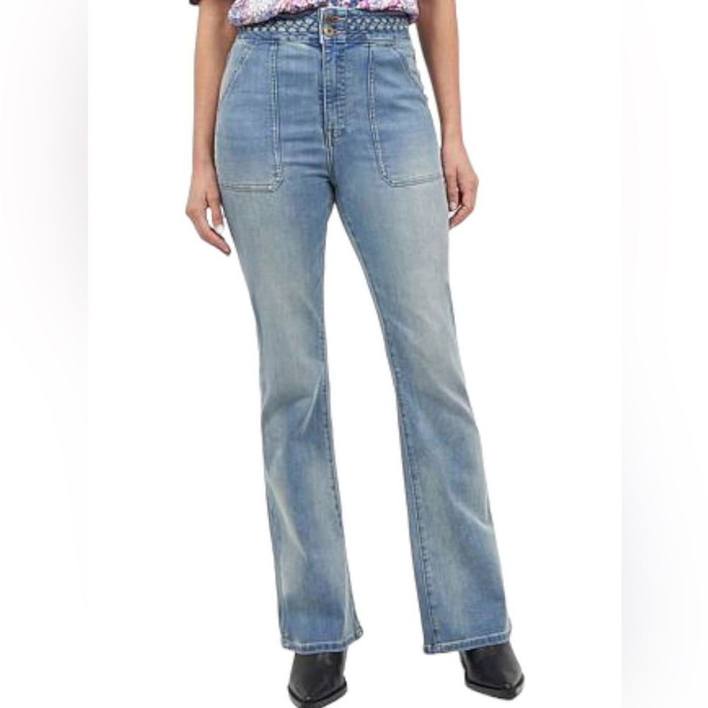 Joie Light Blue Flare Jeans with Braided Waistband and Front Patch Pockets